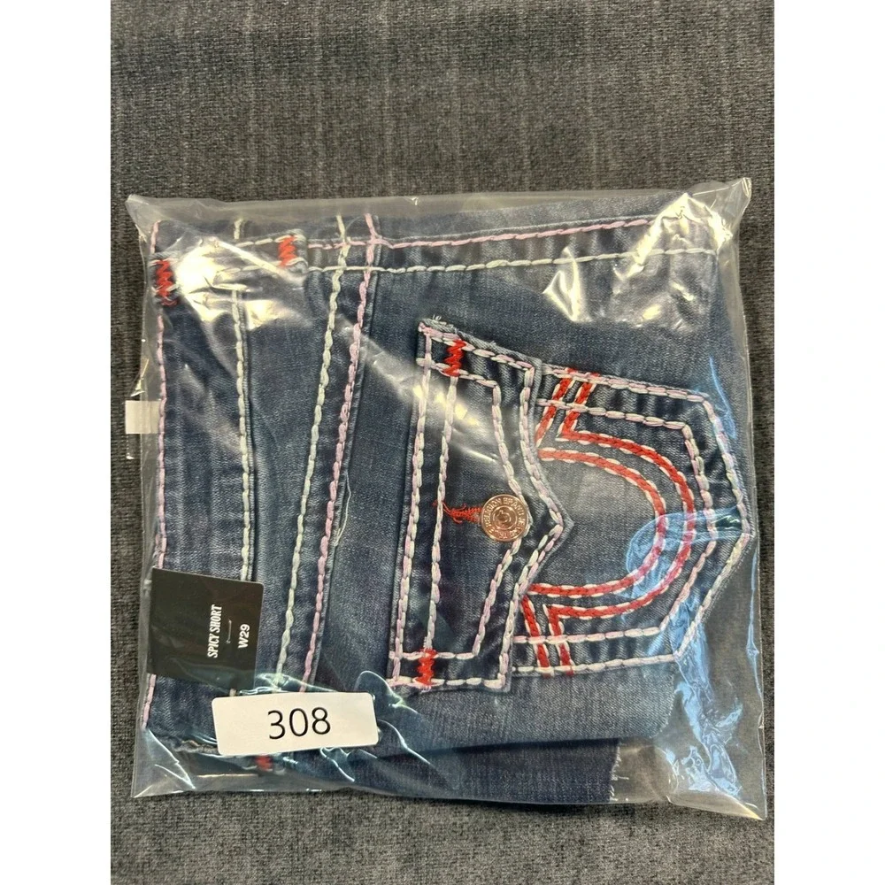 True Religion Spicy Short Flap Super T Denim Shorts Wave Lily Blue‎ W29 NEW
